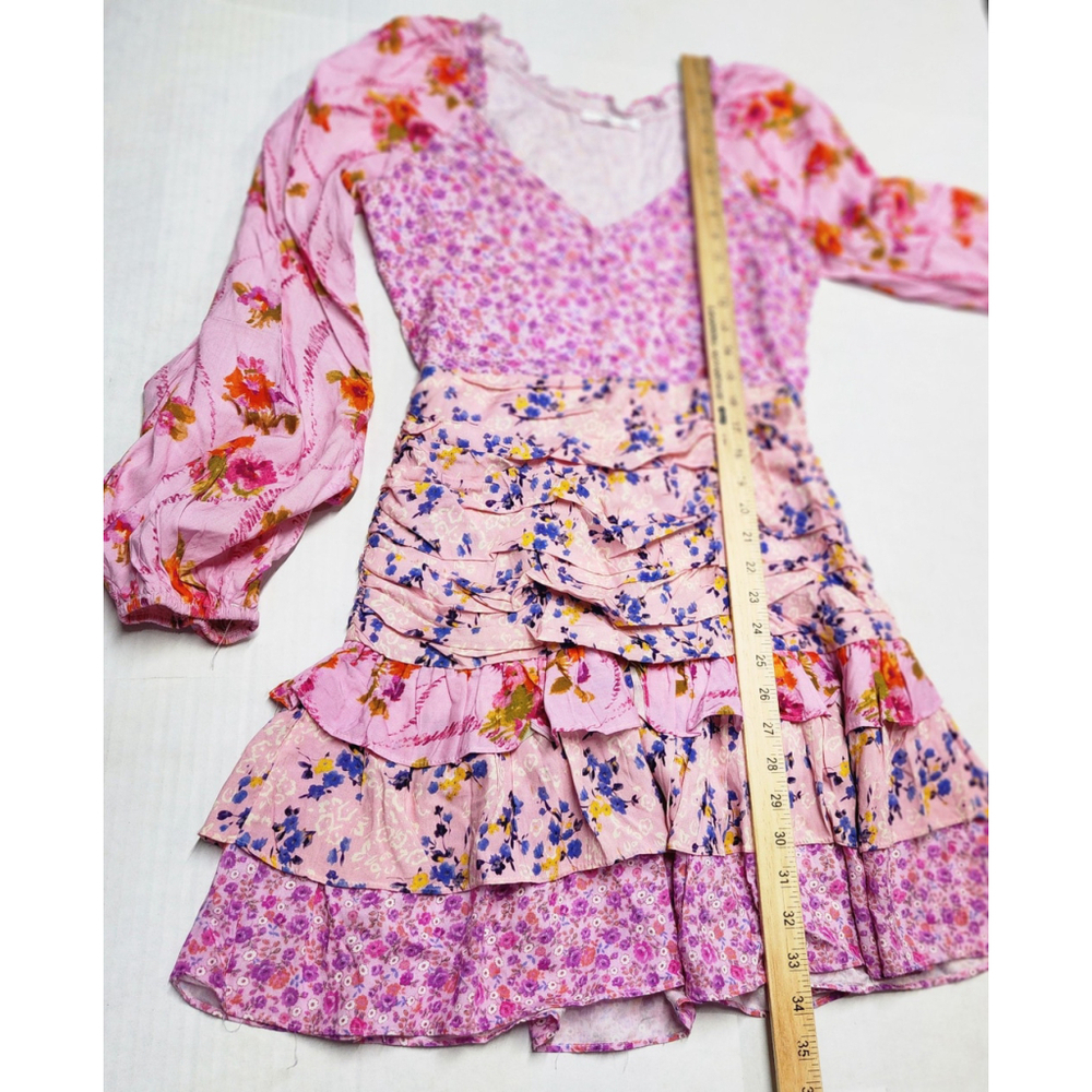 Patchwork Pink Floral Mini Dress Tiered Ruffle Balloon Sleeves  Boho Romantic XS - Picture 8 of 11